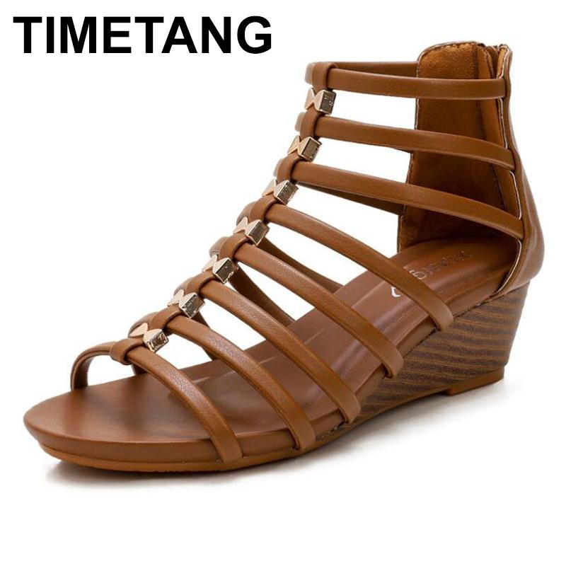 

TIMETANG Gladiator Sandals Women Wedges Heels Soft Leather Zipper Design Ladies Fashion Shoes Female Large Plus Size 36-42, Apricot