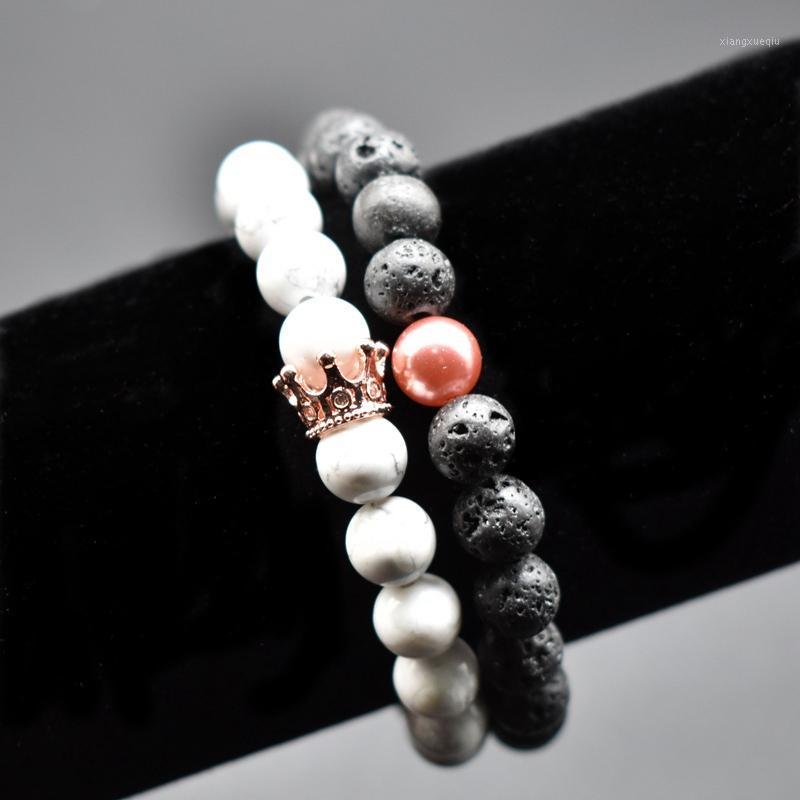 

Rose Gold Pearl Lava Rock White Stone Crown Couple Bracelet Love Bangles For Women Pulseira Jewelry Viking Beaded, Strands, Black