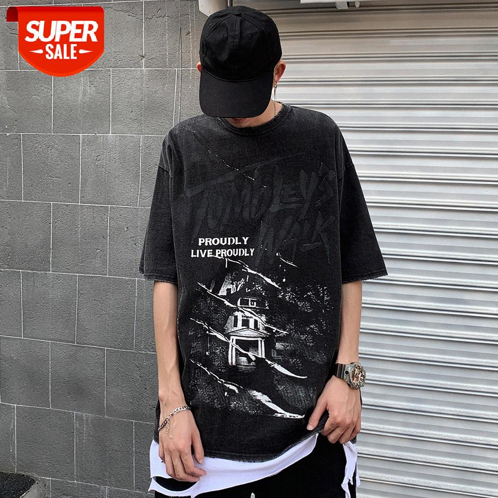 

Letter print short-sleeved T-shirt men's dark feng shui wash distressed loose round neck five-point sleeves #rV7f, White;black
