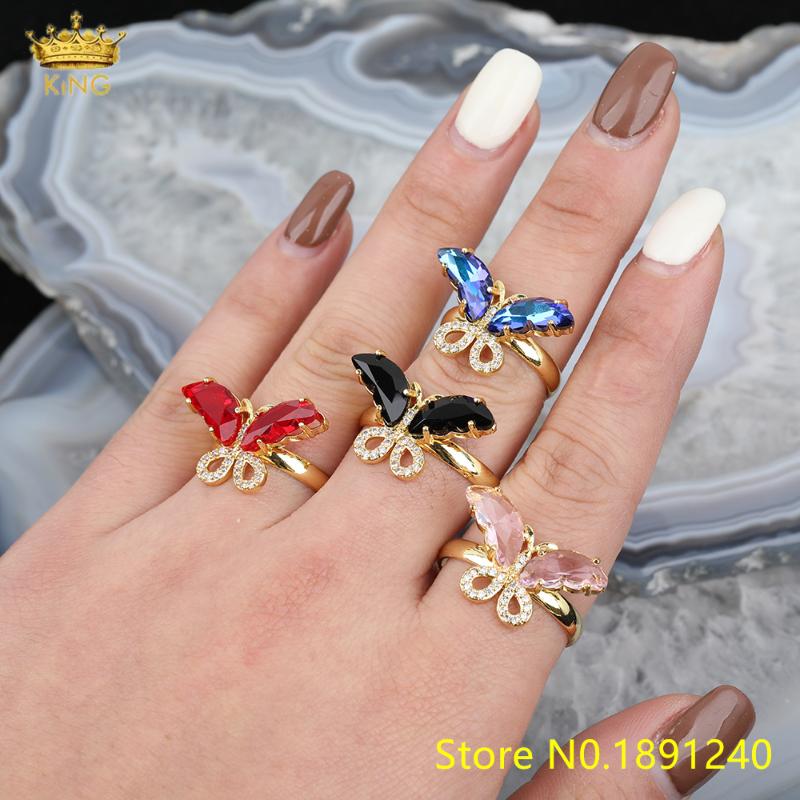 

Cluster Rings 2021 Fashion Gold-Plated Zircon Accessory Opening Ring Blue Pink Glass Butterfly Girl Jewelry