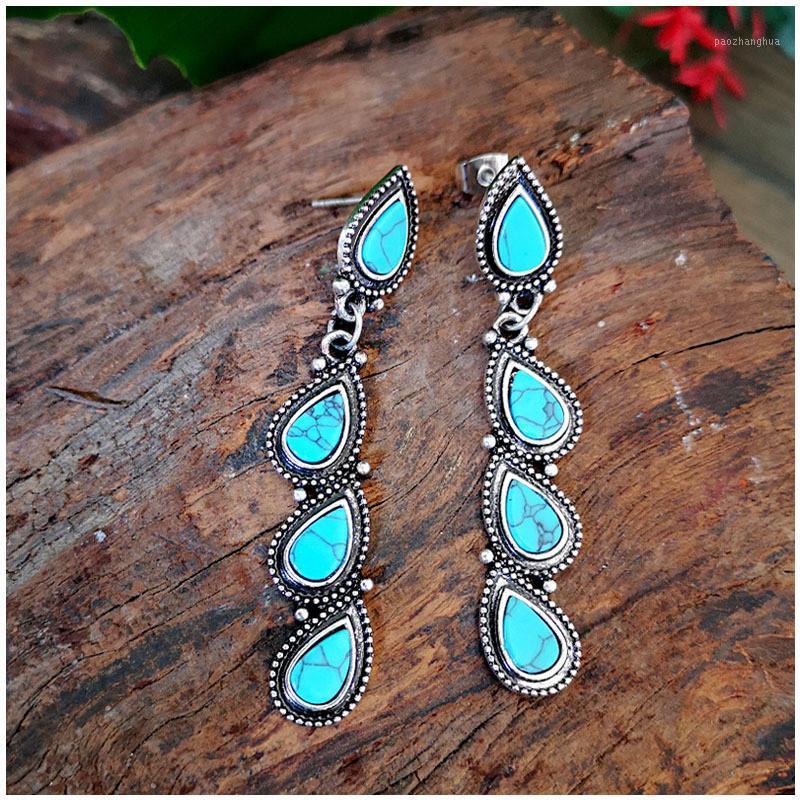 

Bohemian Metal Silver Long Dangle Earrings For Women Vintage Pendientes Water Drop Turquoise Stone Exaggerated Earring & Chandelier