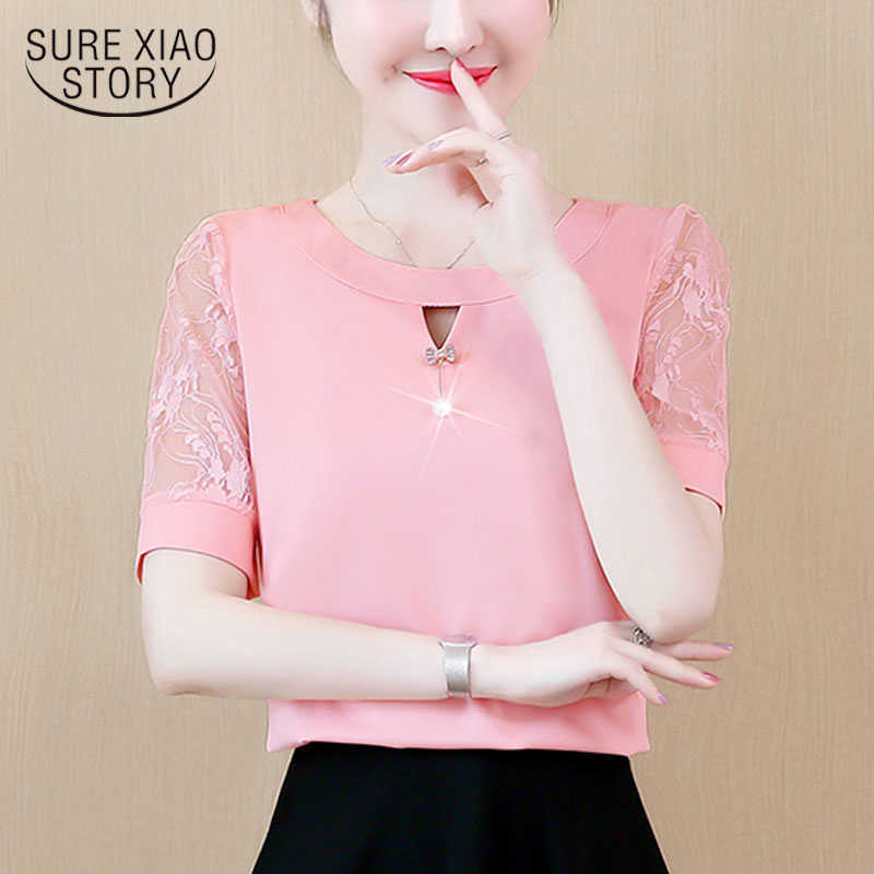 

Fashion Lace Short Sleeve Plus Size Chiffon Shirts Lady Summer Office Lady Solid Casual Women Tops And Blouse 4825 50 210527, Pink