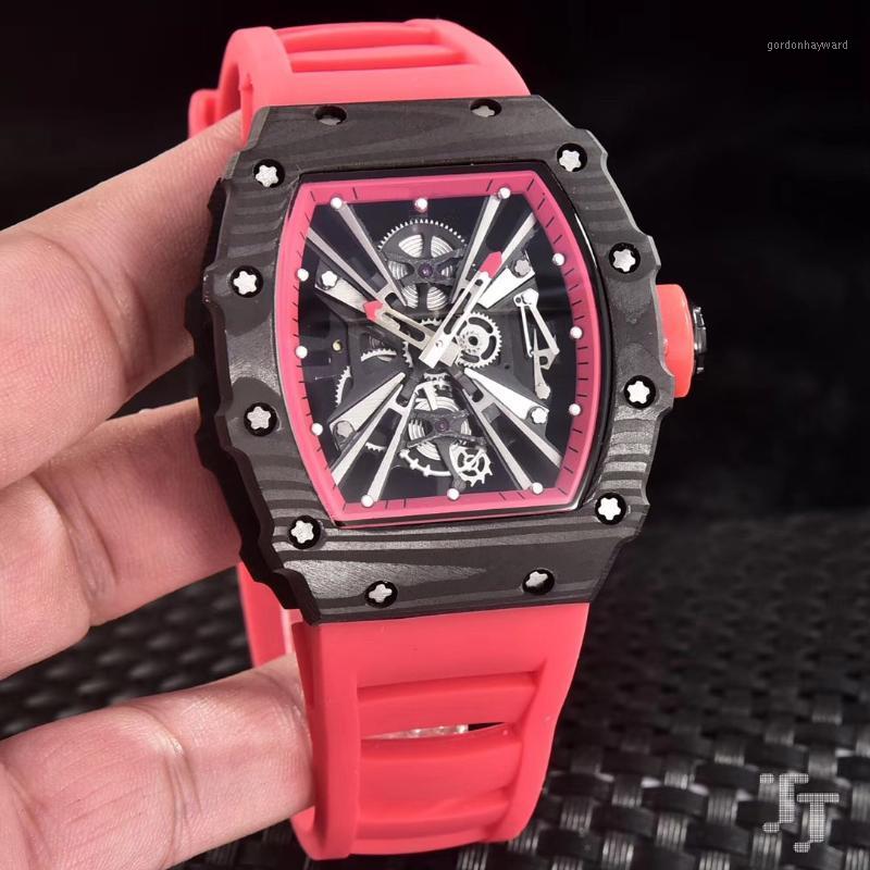 Wristwatches Black Red Rubber Men Watch Sapphire Glass Automatic Mechanical Carbon Fiber Sport Watches