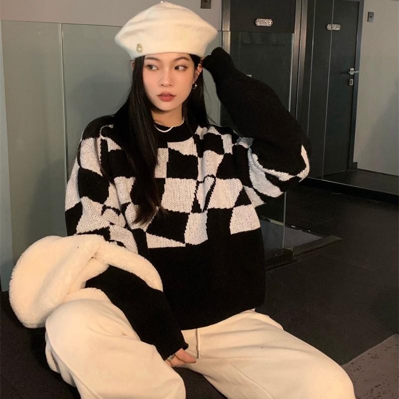 

Women's Sweaters Korean Winter Harajuku Plaid Heart-shaped Pattern Embroidery Sweater Vintage O-Neck Full Sleeve Pullovers Knitting, Black