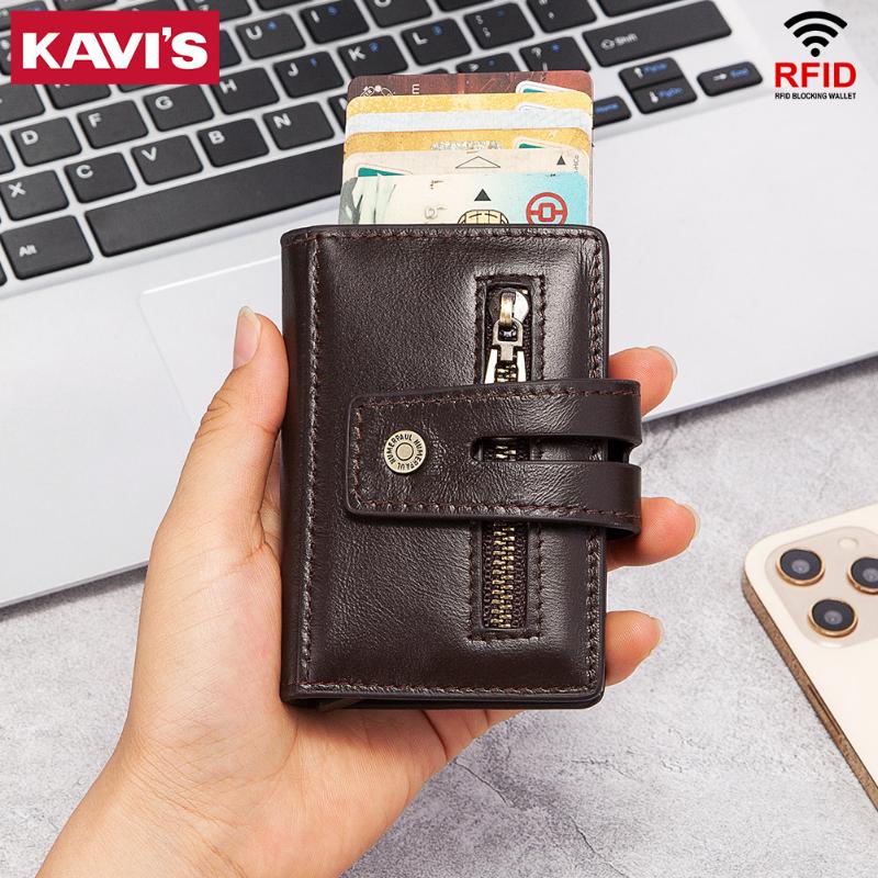 Porte-cartes Kavis Fashion Hommes Business Business Boîte en aluminium Crazy Horse Cuir Portefeuille Mini Portefeuilles Smart Portefeuilles