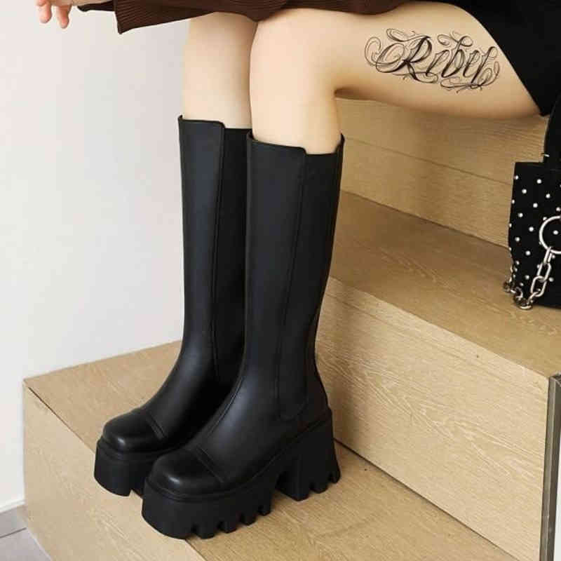 

boots outono e inverno sapatos femininos muffin bottom joelho botas altas sola grossa calcanhar elÃ¡stico fino wujd, Black
