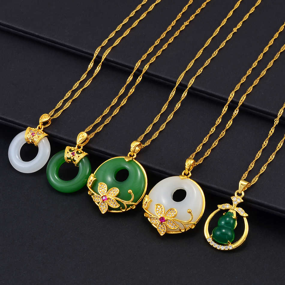 

Anniyo Round Flower Gourd Green White Stone Pendant Necklaces Women Girs Chinese Cultural Fashion Luxury Accessories #002236 H0918