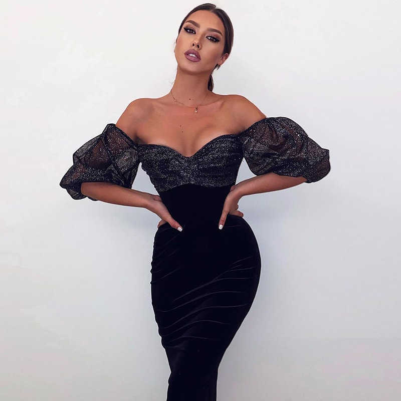 

Women Velvet Puff Sleeve Black Slash Neck Buttocks Dress High Waist Slim Fashion Spring Summer 11B453 210525