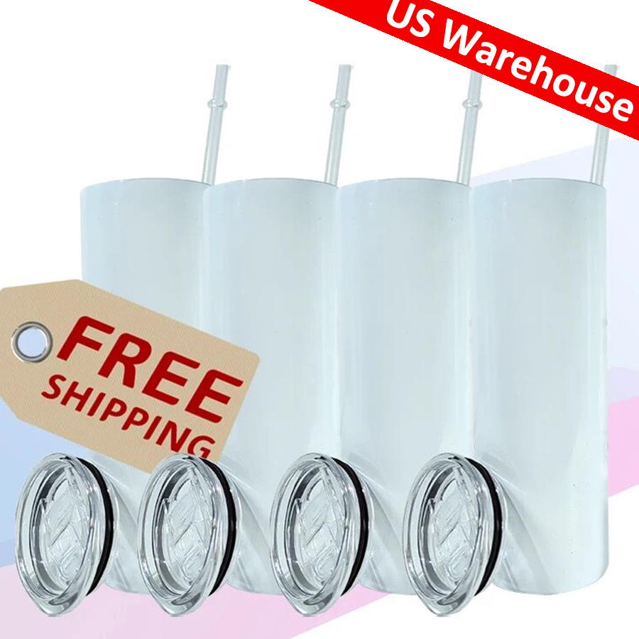 

US warehouse 20oz Sublimation Straight Tumbler with Metal straw and Rubber Bottom Blanks Stainless Steel Glossy Double-Wall Vacuum Insulated Water Bottle USA Local, White