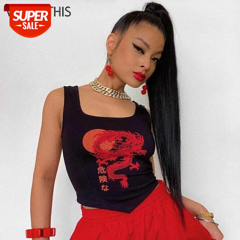 

WannaThis Black Print Cami Crop Top Women Sleeveless Dragon Pattern Vest Female Tank Top Rhombus Hem Slim Streetwear Summer 2020 #vW1l, White