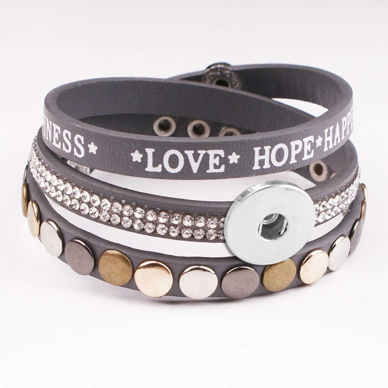 

New Fashion Love Hope Happiness Pu Leather 18mm Snap Button Bracelet Na7505 Q0719