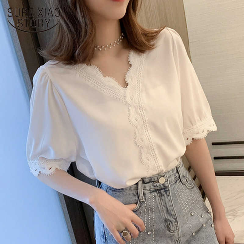 

Summer Women Chiffon Shirt White Tops Short Sleeve Blouse Elegant Sweet V-neck Korean Hollow Out Fashion Blusas 8988 210527
