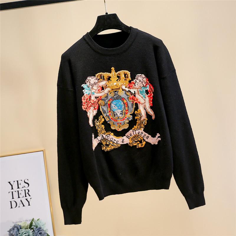 

Women' Sweaters 2021 Luxury Baby Crown Embroidery Women Black Pullovers Runway Long Sleeve Female Knit Sweater Jumper Christmas Clothes, As pic