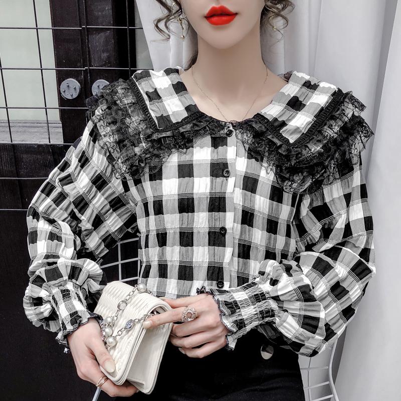 

Women' Blouses & Shirts Doll Collar Plaid Lace Shirt 2021 Spring Long Sleeve Blouse Elegant Slim Office Lady Tops Blusas, Black