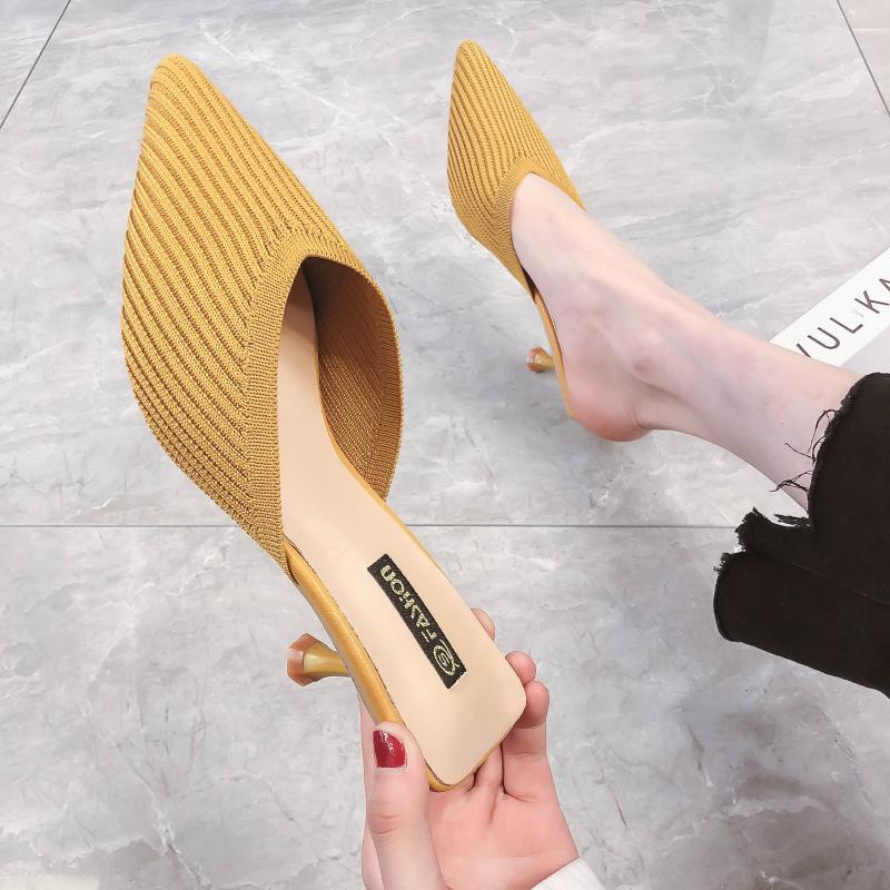 

Female Shoes Ladies' Slippers Med Women Heels Pointed Toe Mules Sexy 2021 High Cover Thin PU Cotton Fabric Slides Rome Autumn
