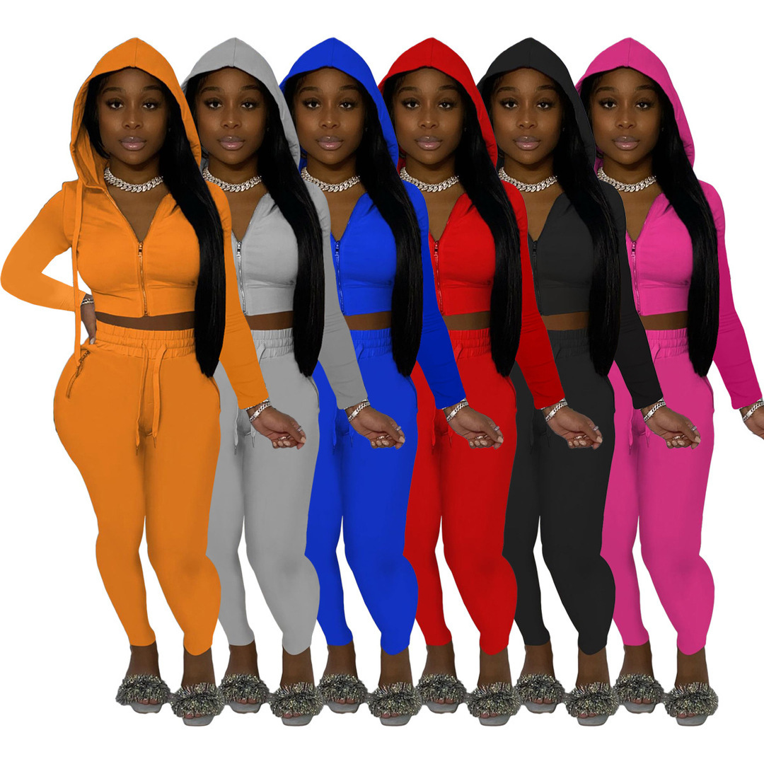 

Fashion Designer Tracksuits Women's Fall Solid Color Hooded Zipper Casual Two-piece Set Jogging Women Tracksuit Sport Suits Hoodies, Gray