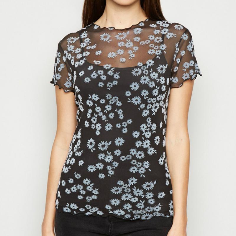 

Women' Blouses & Shirts Summer Sexy Mesh Tops Women Boho Blouse Leopard Flowers Sheer Lace Transparent Shirt Ruched Crop Clothes Slim Beach, Black