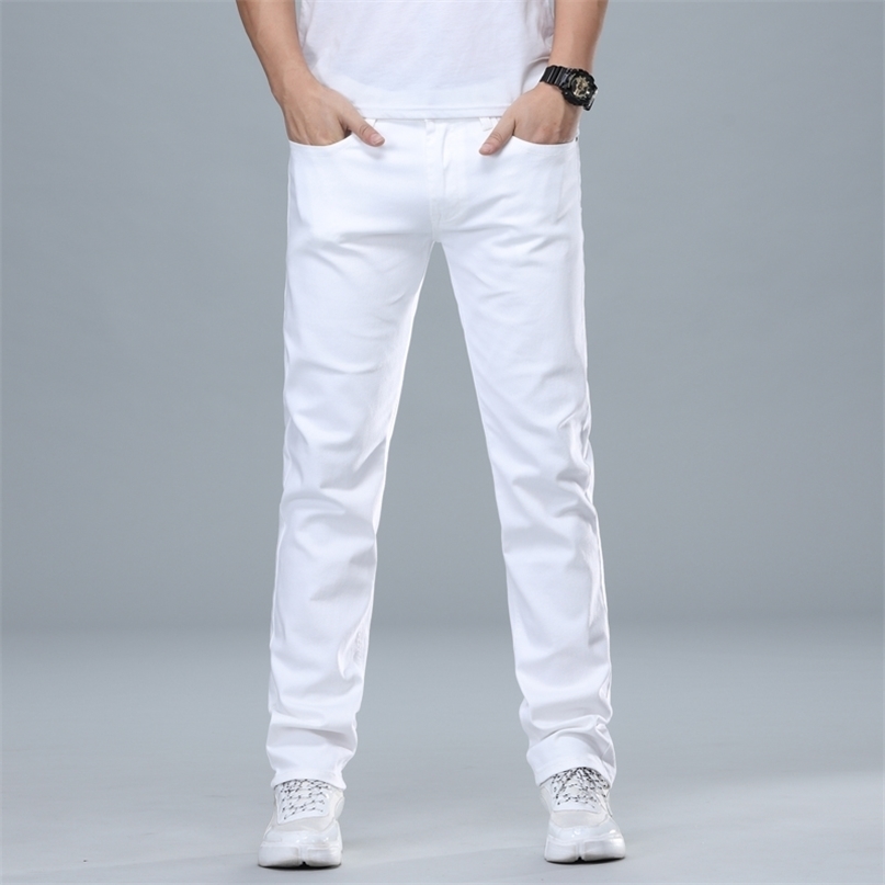 

Classic Style Men's Regular Fit White Jeans Business Fashion Denim Advanced Stretch Cotton Trousers Male Brand Pants 211108