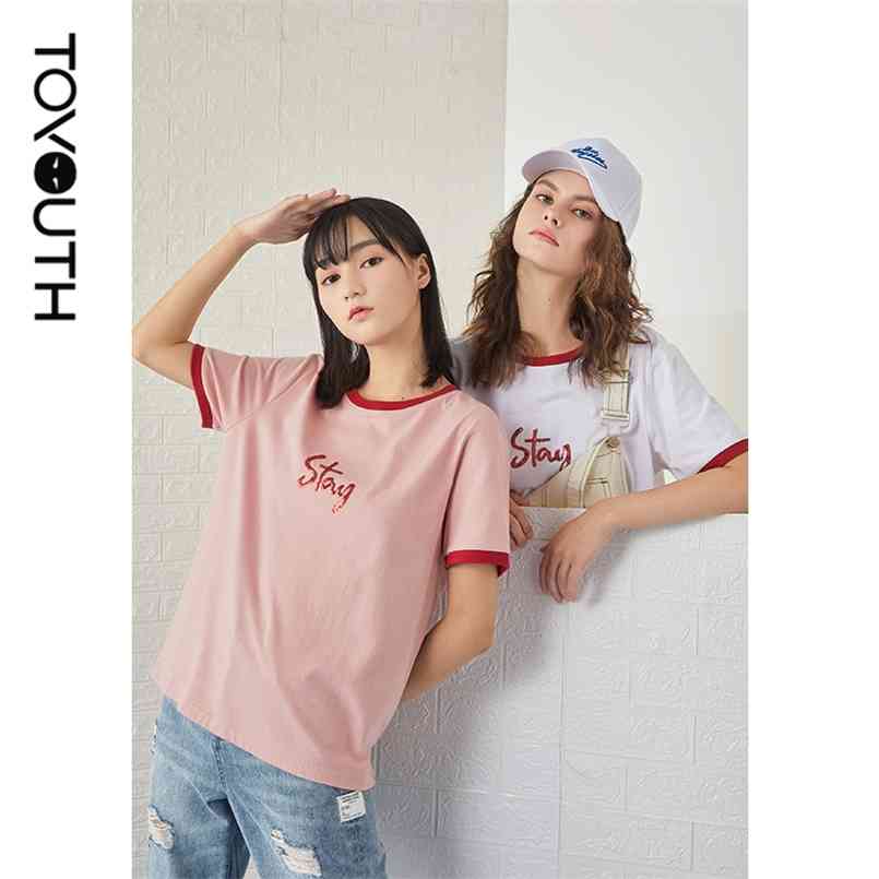 

Toyouth Women Ringer Tees Summer Round Neck Loose T-shirt Shiny Sequin Embroidery Print Vintage American Style Tops 210708, Dark blue
