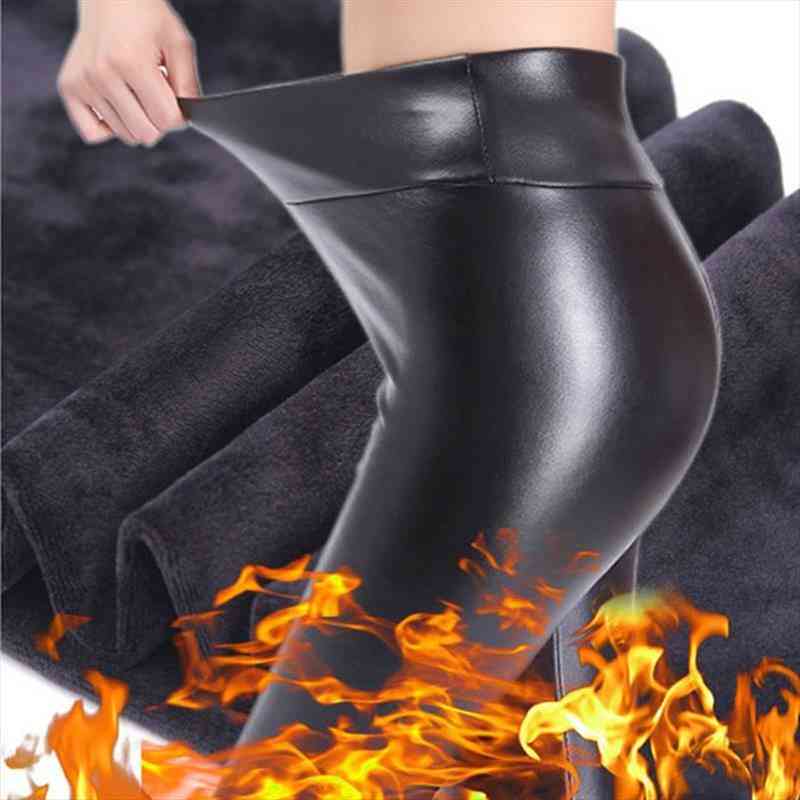 

Women Plus Size L Xl Winter Pants Water Proof Faux Leather Pant Elastic High Waist Thick Cashmere Leggings Female Pu, Black;white
