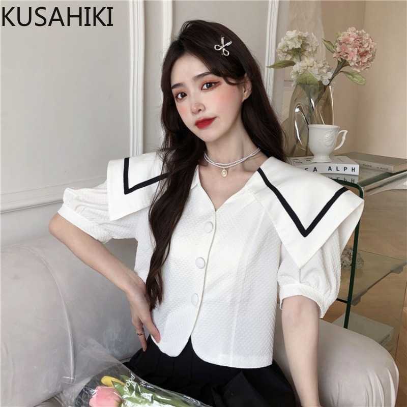 

KUSAHIKI Women Short Blouse Tops Sweet Sailor Collar Puff Sleeve Shirts Summer Korean Blusas Mujer De Moda 6H808 210602, White