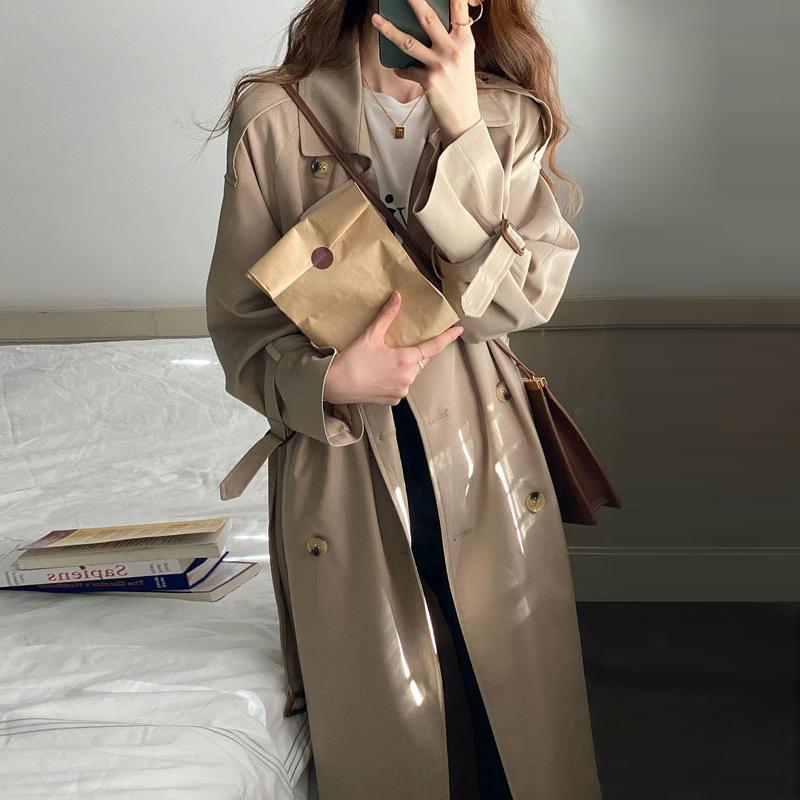 

Women's Trench Coats Fashion Long Coat Women Elegant Sleeve Khaki Windbreaker Female Streetwear Double-breasted Abrigos Mujer Q5248, Tan;black