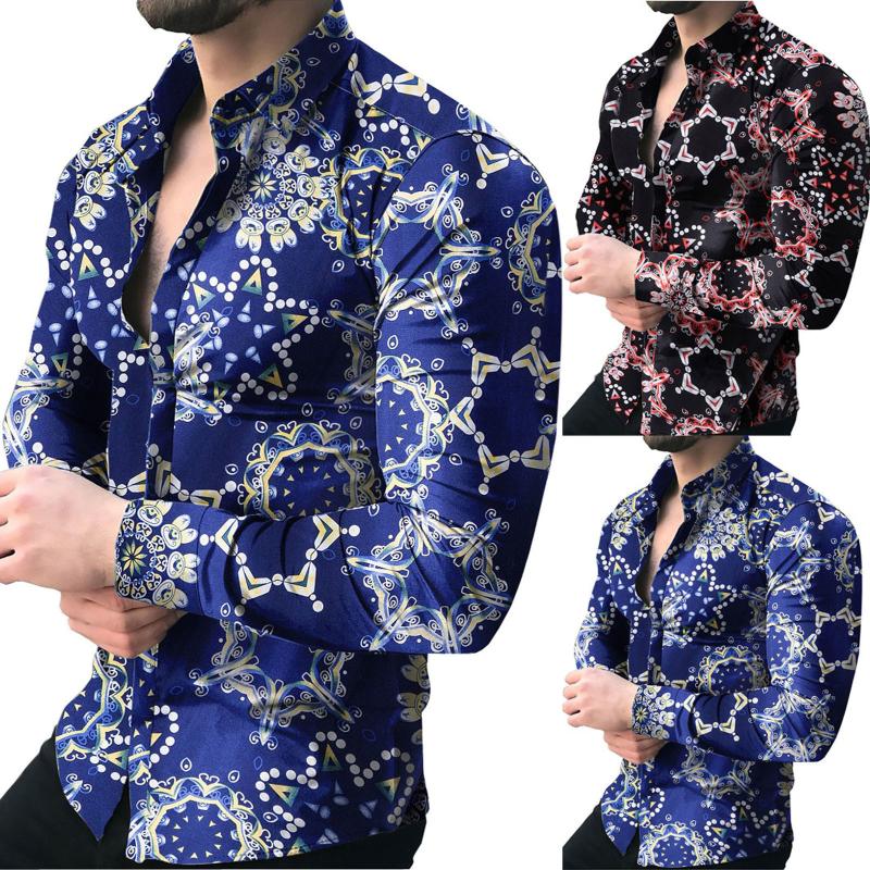 

Men's Casual Shirts 2021 Fashion Geometric Printed Floral Long Sleeve Shirt Turn Down Collar Spring Autumn Loose Holiday, Black