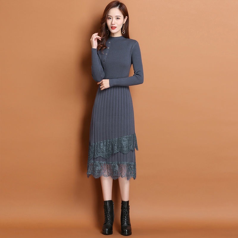 

Korean Sweater Dress Women Autumn Winter 2021 Long Sleeve Dress Elegant Lace-up Knitted Plus Size Dress Midi Vestidos, Black;gray