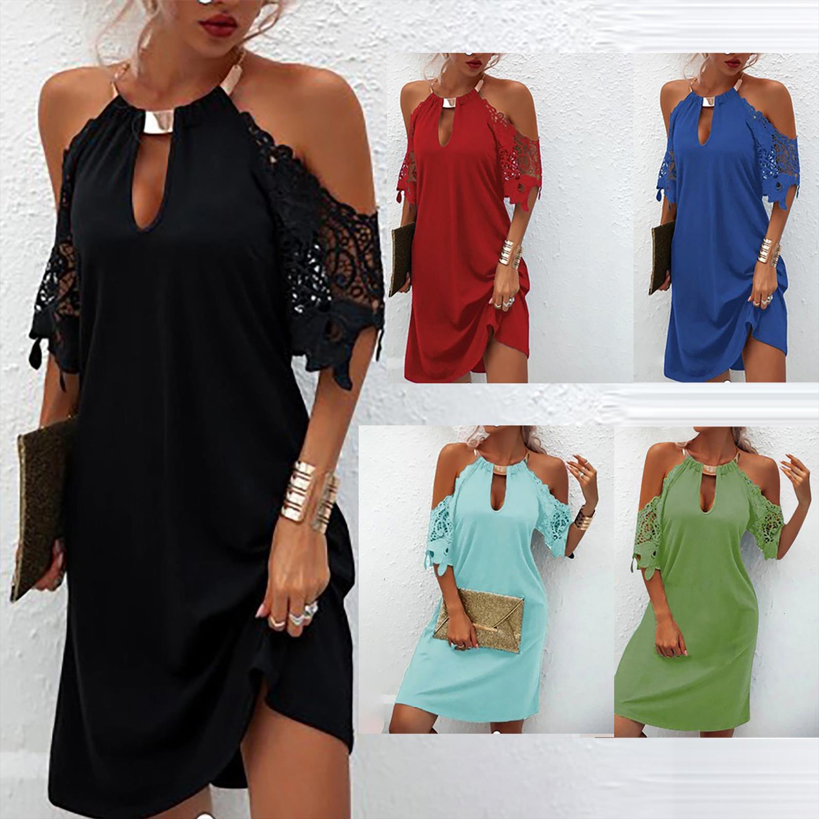 

plus size clothing lace women dresses short sleeve o neck halter solid long loose dress, Black;gray