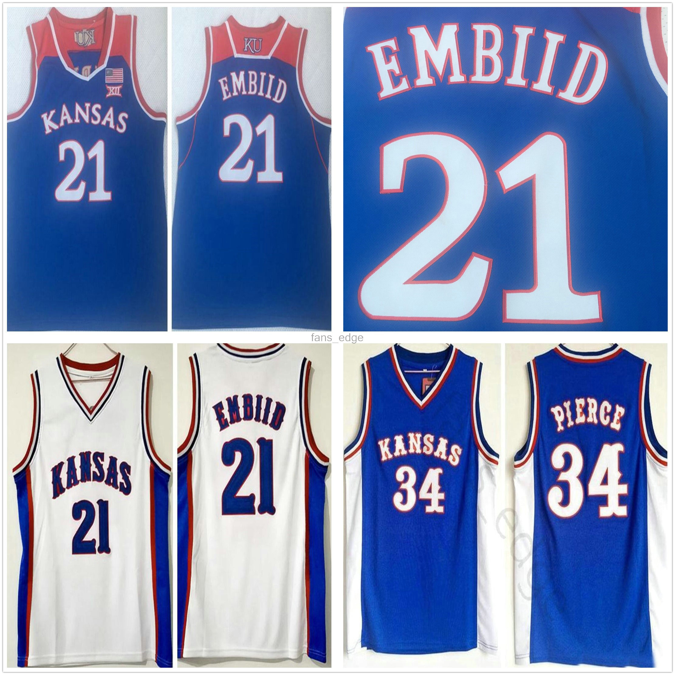 

NCAA Mens Kansas Jayhawks College Joel 21 Embiid Basketball Jerseys Vintage Paul 34 Pierce Stitched Jersey Blue Shirts -2XL, White