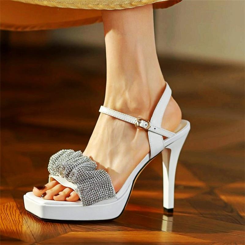 

Dress Shoes Summer Party Pumps Women's Real Leather Rhinestone Ankle Strap Sandals Platform High Heel Square Toe Wedding Stilettos, Black