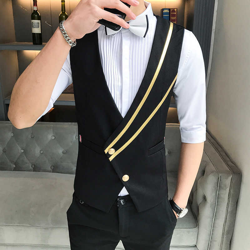 

Fashion Oblique Pull Dress Vest For Men Waiter Casual Slim Fit Nightclub Vest Work Clothes Waistcoat Suits Men Chaleco Hombre 210527, Black