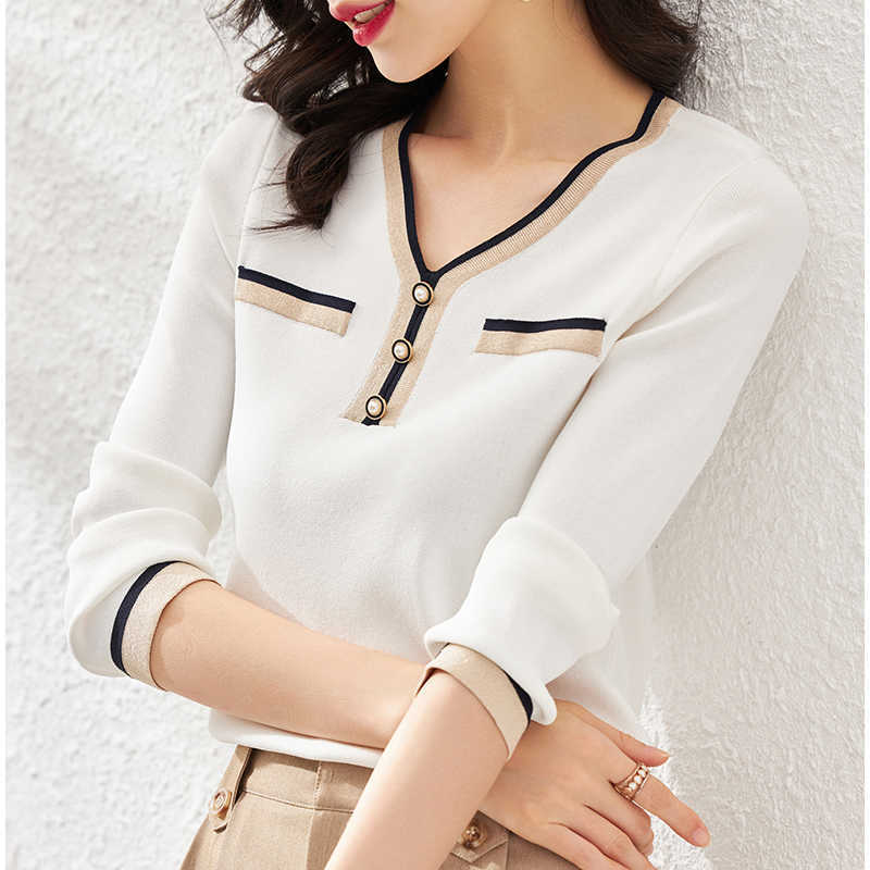 

Autumn Winter Sweater Women v-neck Tight Bottoming Sweater female Knitted Pullovers long sleeve tops warm basic black 210604, White