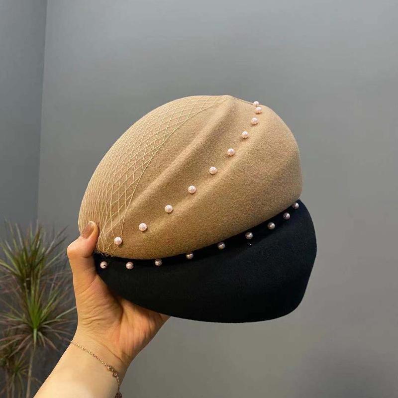

Berets The 2022 Australian Pure Wool Beret Son Ms Pearl Lace Painter Cap Elegant Temperament Sboy For Winter, Apricot