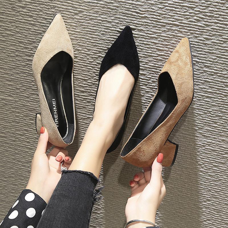 

Dress Shoes Ladies Pumps Women Woman Square Block High Heels Flock Pointed Toe Shallow Wedding Sexy Casual Zapatos Mujer, Brown