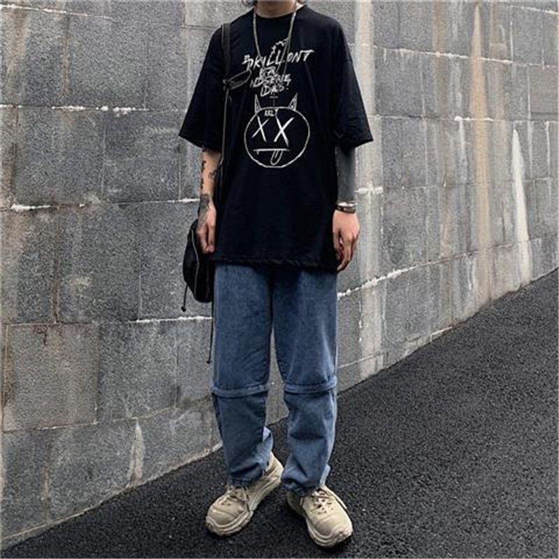 

2021 New Camiseta Masculina Punk, Harajuku, Preta, Casual, Para o Vero, Hip Hop, Sorridente, Streetwear, Estilo Coreano Adolescentes Meninos