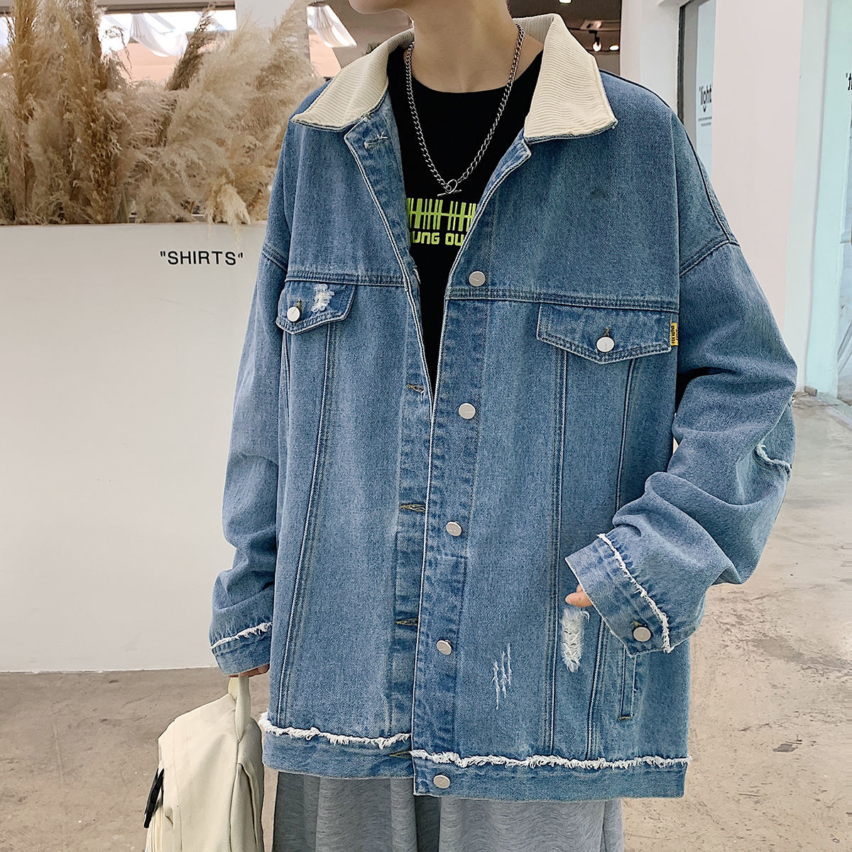 

2021 Male New Casual Fashion Loose Coats of the Blue Cowboy Trend Outerwear Seam Denite Jackets Plus Size -2xl Zd47, Light blue.