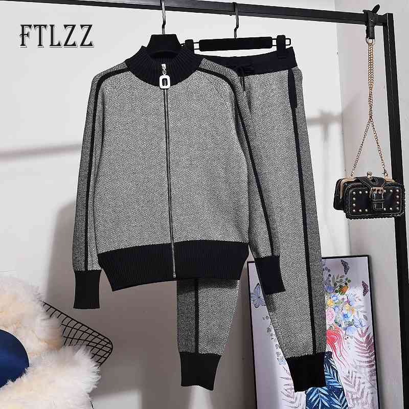

Autumn Winter Woman Sportsuits Outfit Fashion Street Two Piece Set Sweater Jacket Tops + Long Pants Tracksuits 210602