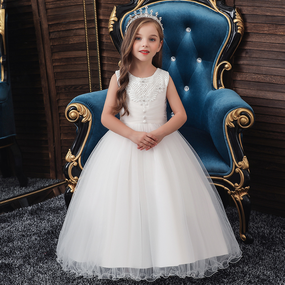 

Princess Girls White Lace Dress Bridesmaid Wedding Clothing Long Party Gown Flower Girl Party Dresses Children Birthday Costume Formal Prom Clothes