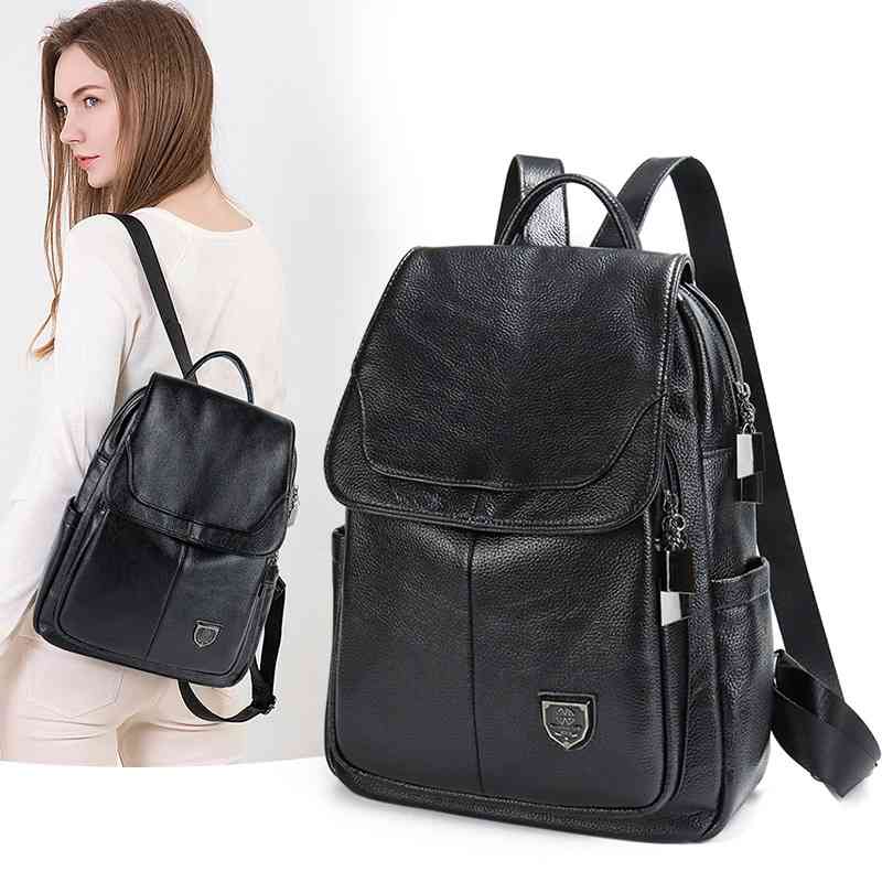 

2021 new Korean women's versatile leisure soft leather large capacity backpack fashion schoolbag, Black