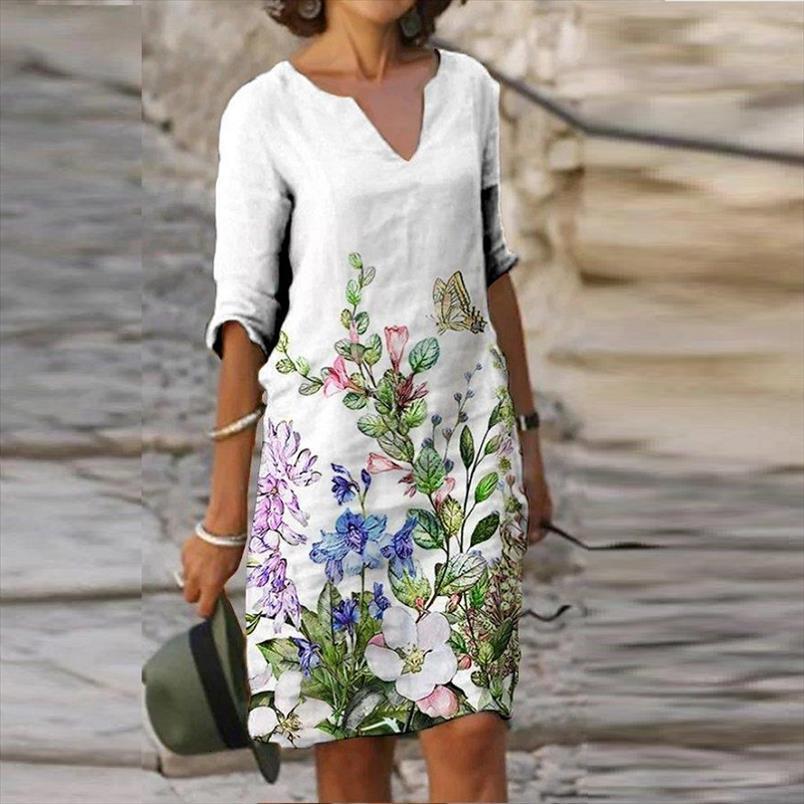 

vintage summer flower print womens dress short sleeve elegant v neck loose female midi lady vestidos plus size, Black;gray