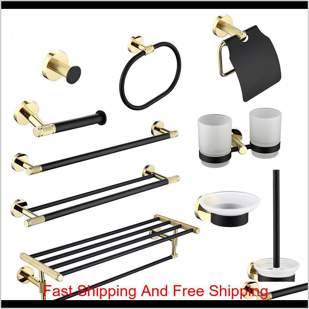 

Bathroom Hardware Set Black Robe Hook Gold Towel Rail Bar Rack Bar Ring Shelf Tissue Brass Paper Holder Toothbrush Holder Brush Rpnjn Mroge
