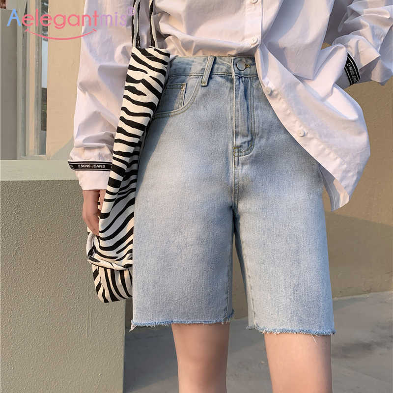 

Aelegantmis High Waist Knee Length Jeans Women Casual Loose Denim Retro Cowboy Pants Straight Shorts Korean Chic Streetwear 210607, Blue