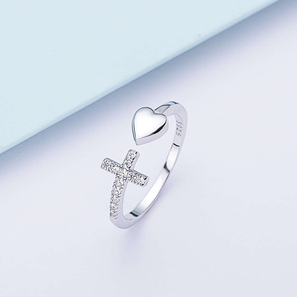 

Ring Yite jewelry straight love S925 Sterling Silver popular cross small peach heart hand adornment women's