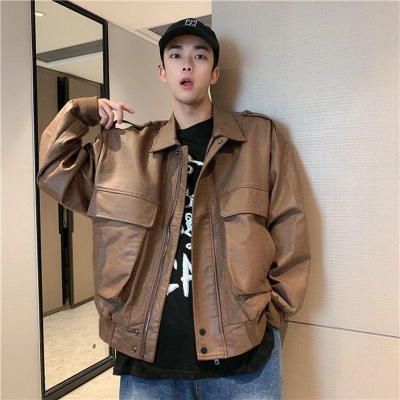 

Men' Jackets High Street Leather Jacket Men Solid Oversized 2022 Autumn Winter Korean Fashion Personality Casual Loose Coat Trend, Black