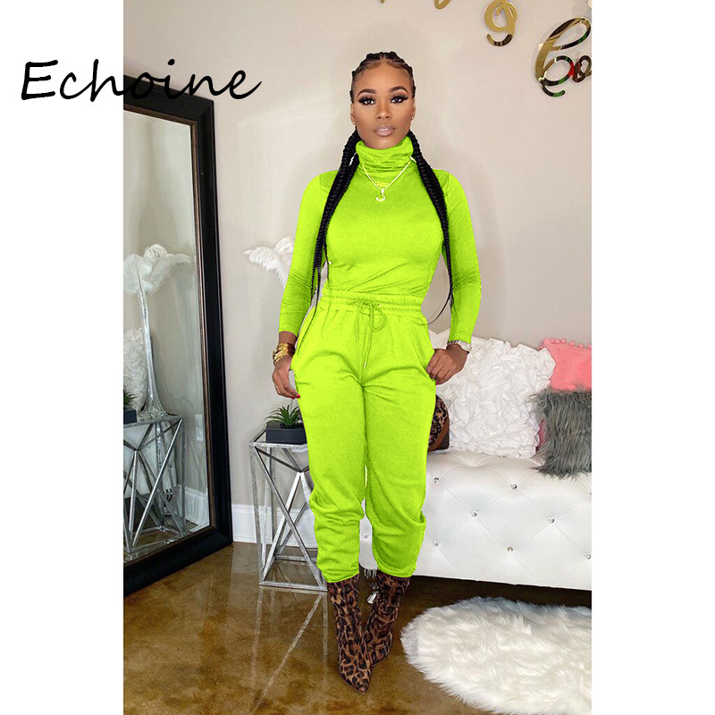 

2021 New Casual Turtleneck Bandage Pencil Pants Suit Solid Color 2 Piece Set Women Autumn Winter Clothes Outfit Jogging Femme Nd4h, Orange