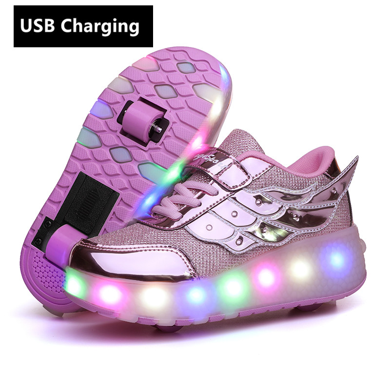

New One wheels USB Charging Fashion Girls Boys LED Light Roller Skate Shoes For Children Kids Sneakers With Wheels Two wheels, Rose pink 586
