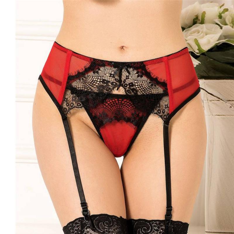 

Women's Panties Sexy Lingerie Lace Garter Suspenders Transparent Underwear Adjustable Double Low Waist Belt For Stockings Red