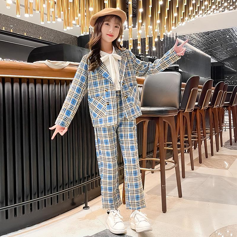 

Clothing Sets Girls Spring Autumn Fashion Plaid Blazer Set Children Comfortable Jacket+pants Teens Elegant Casual Jacket Kids Outfit, White