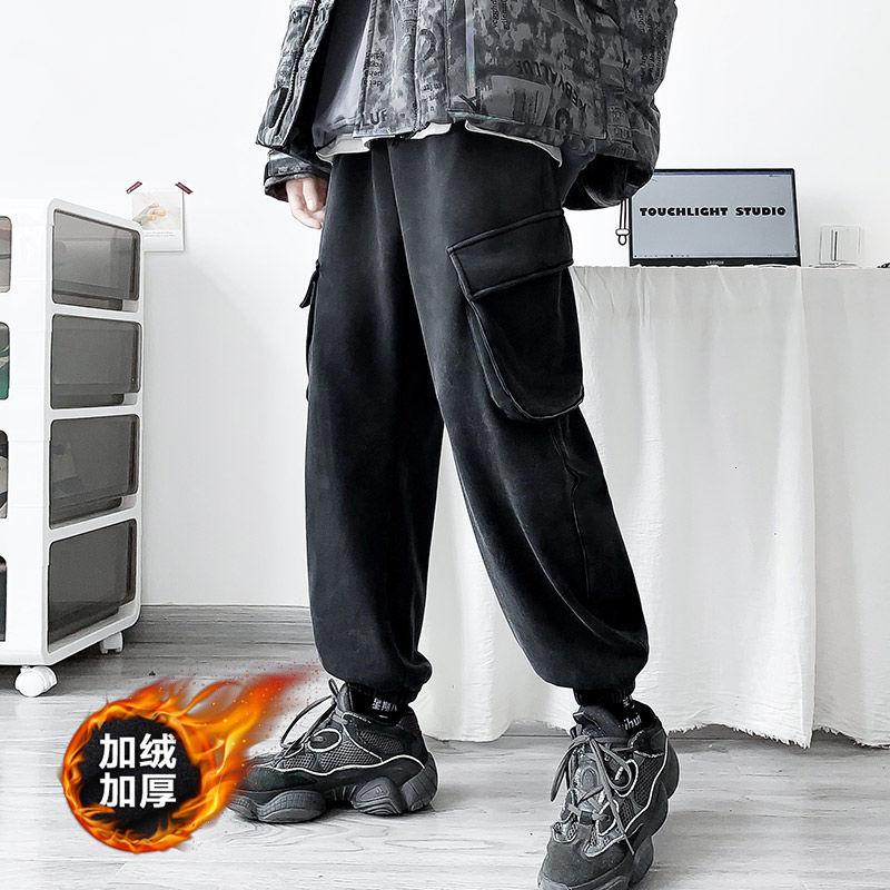 

2021 New Winter Plus Veet Thick Men's Warm Fashion Casual Cargo Men Streetwear Loose Hip-hop Harem Pants Mens M-2xl Kl5v, Black